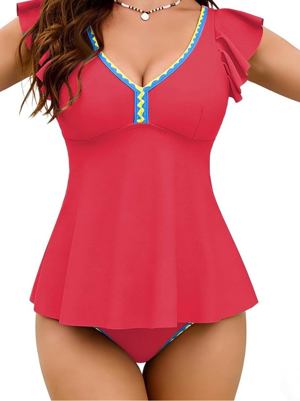 Women’s Hot Pink Ruffle Sleeve Tankini Swim Top and Bottom Set